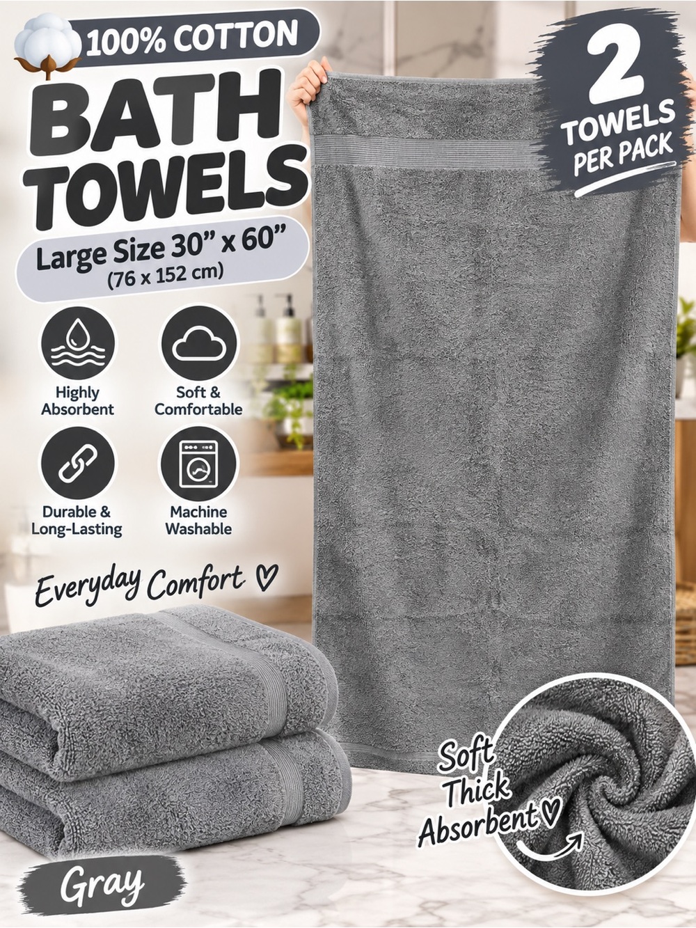 Gray Cotton Bath Towels - 2 Pack